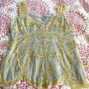 Exquisite Anthropologie top - pale grey blue and gold